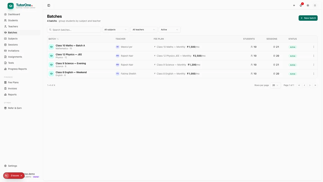 TutorOne batches screen with subjects, teachers and fee plans
