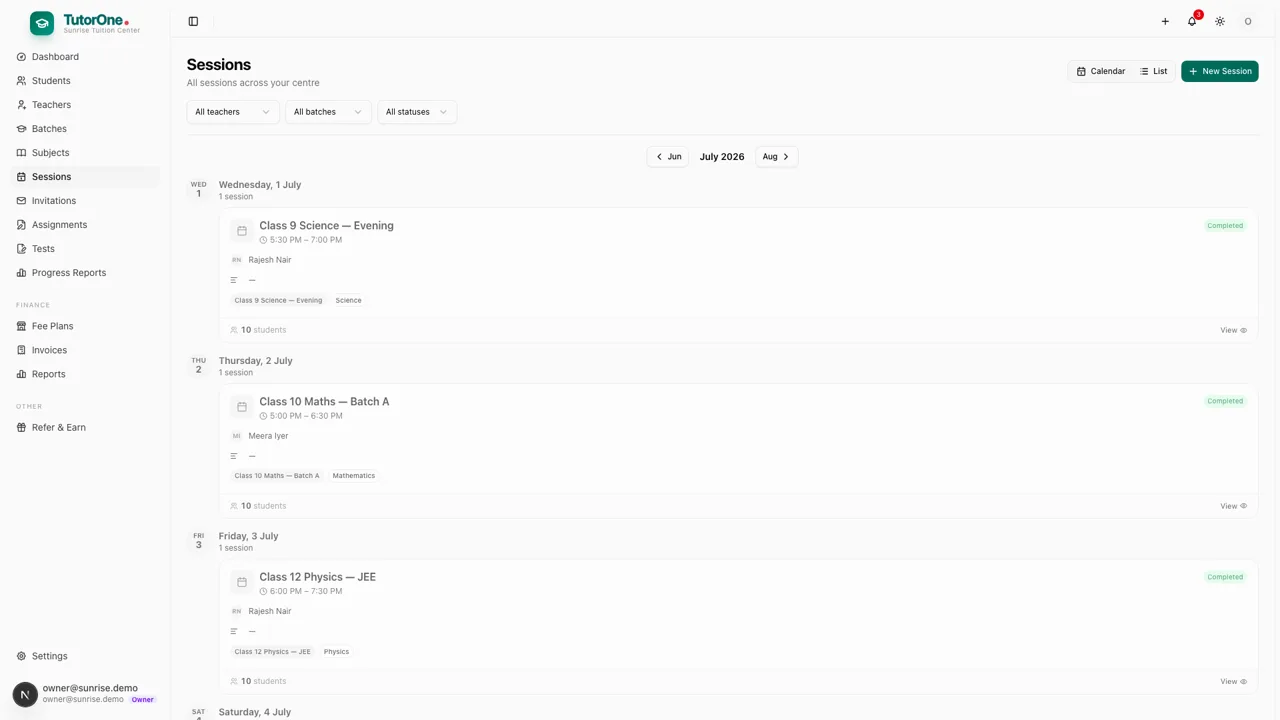 TutorOne sessions view, where a tutor marks attendance for a batch