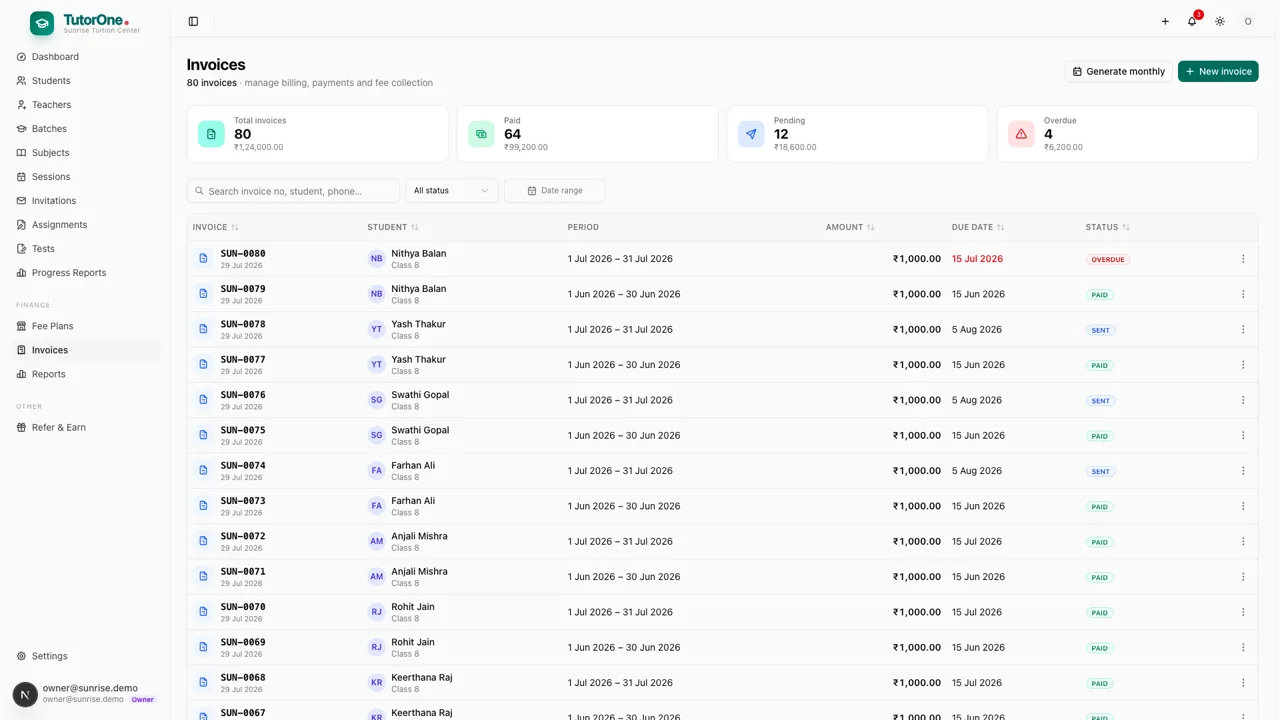 TutorOne invoice list showing paid, pending and overdue tuition fees