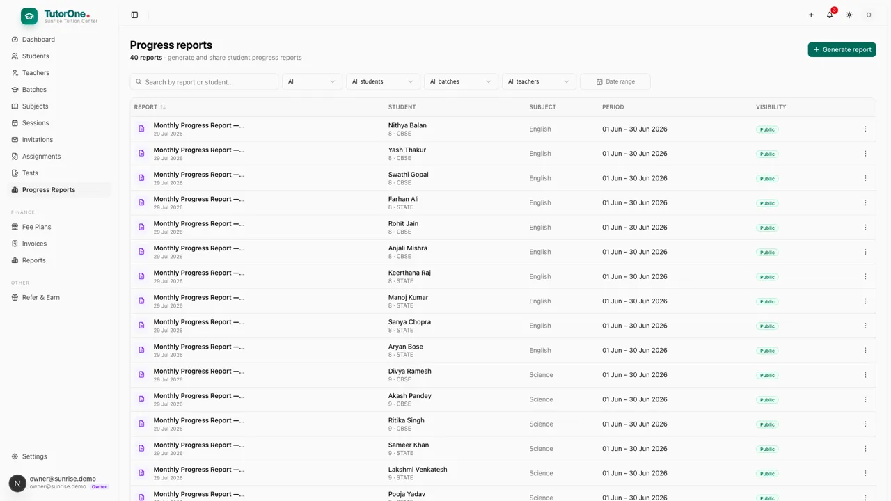 TutorOne progress reports list, ready to share with parents