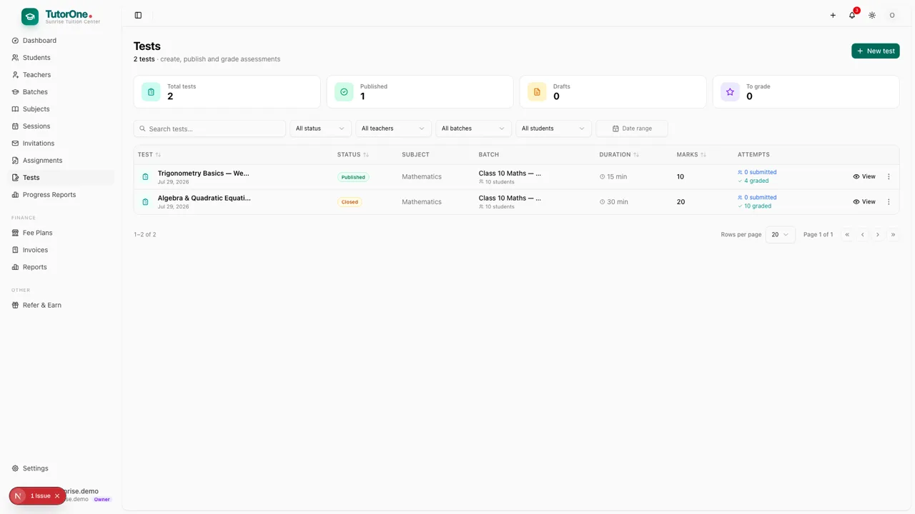 TutorOne online tests screen listing MCQ tests for a batch